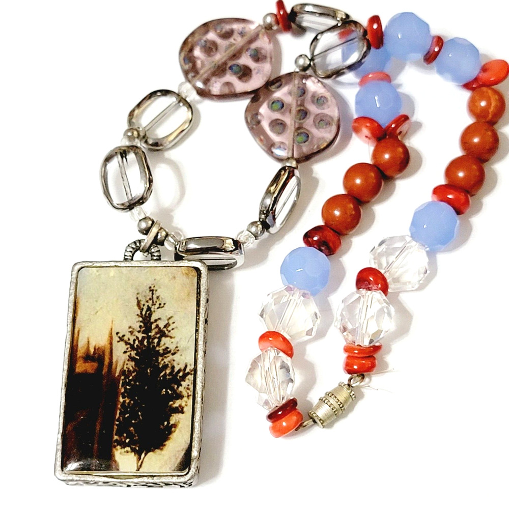 Artsy Pendant‎ Beaded Necklace Tree Ornate Contemporary 16" blu1-12